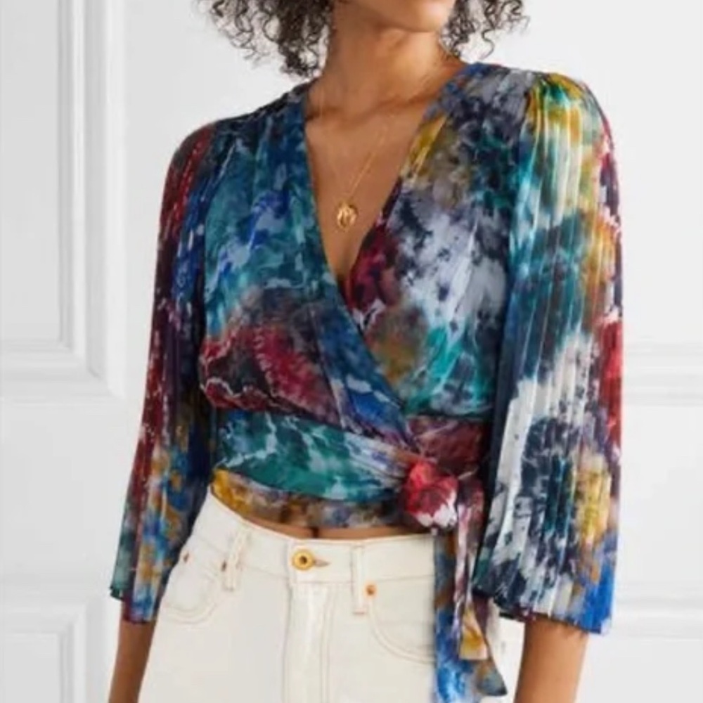 Alice + Olivia Bray Wrap Blouse Floral Crop Blue Multicolor